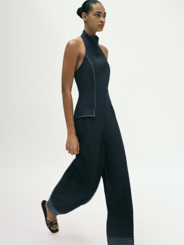 Zara Linen Halter Jumpsuit With Contrast Topstitching